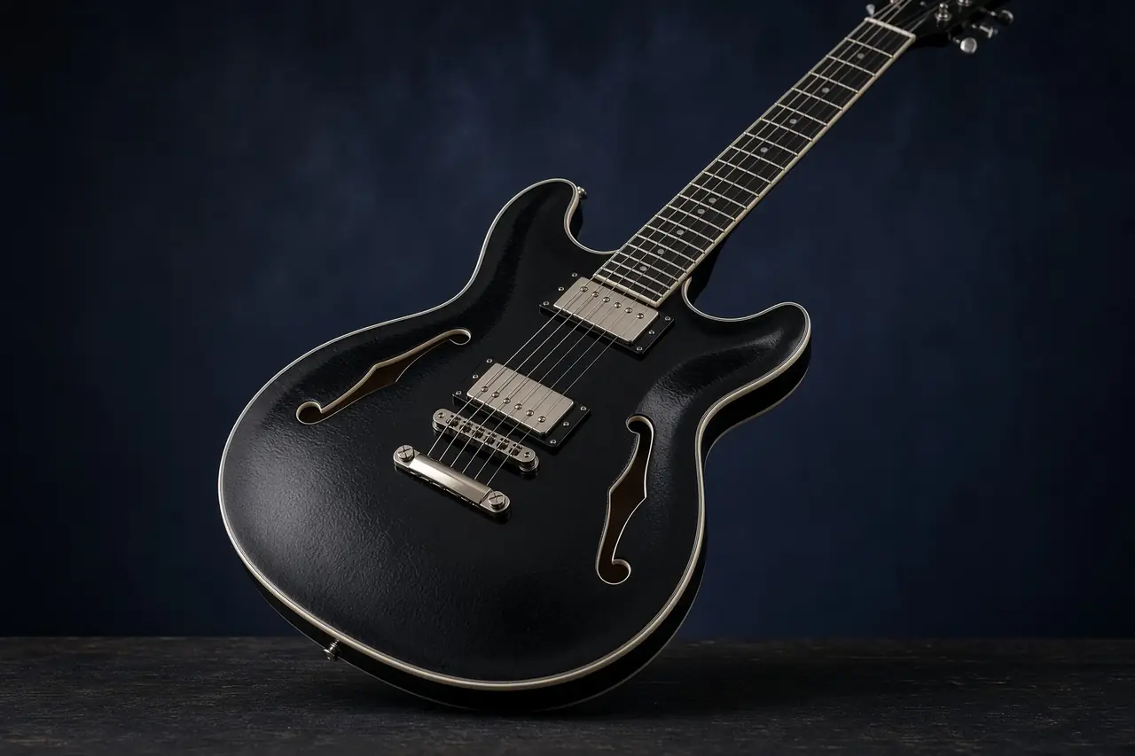 Svart semi-hollow med crème-kantband och f-hål, lutad mot ett mörkt bord.