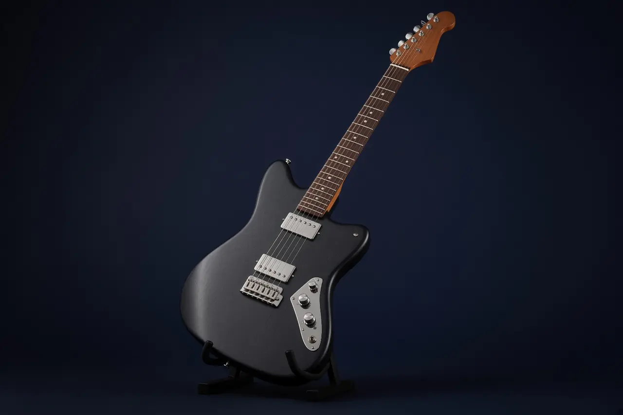 Kolsvart offset-gitarr med silverbeslag och lönnhals mot mörkblå bakgrund.